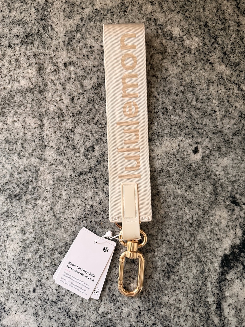 NWT! Lululemon Never Lost Keychain in Light Ivory/Wacky Khaki/Gold